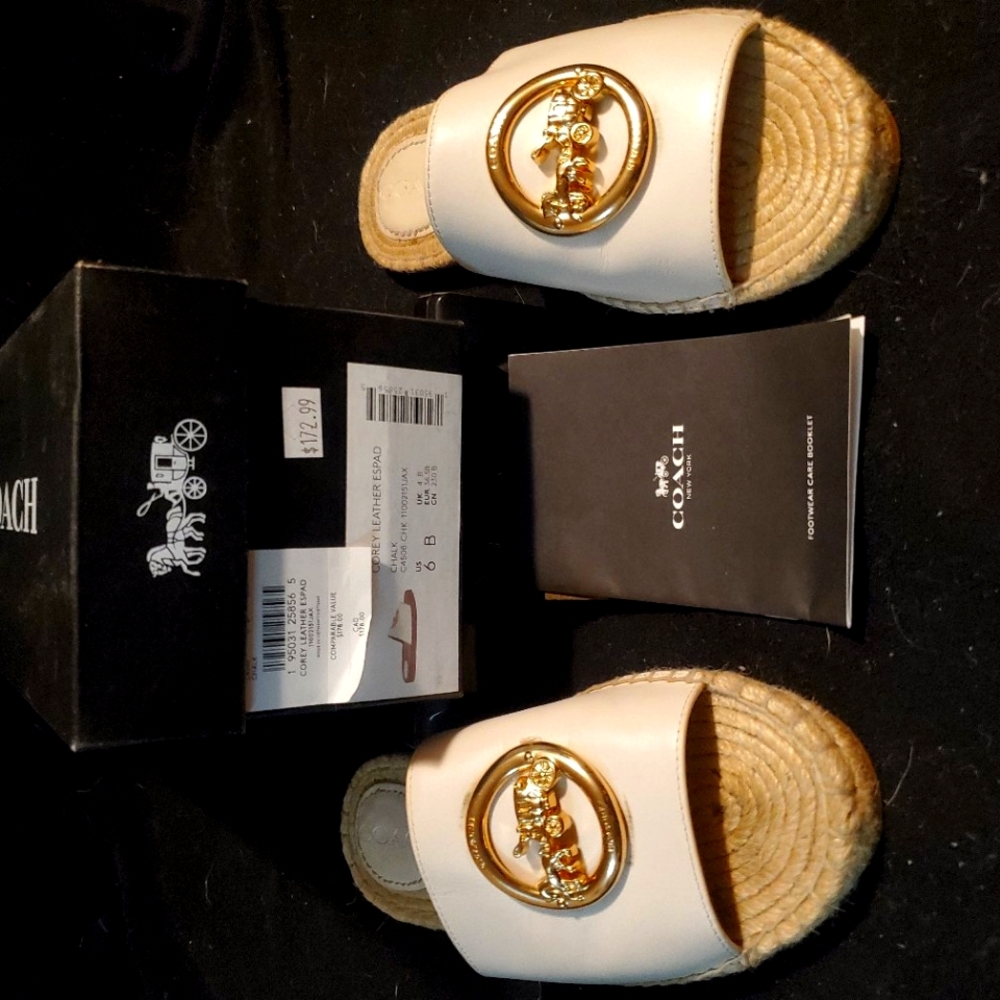 Coach Women Corey Leather Sandals White Espadrille Gently Worn Size 6B